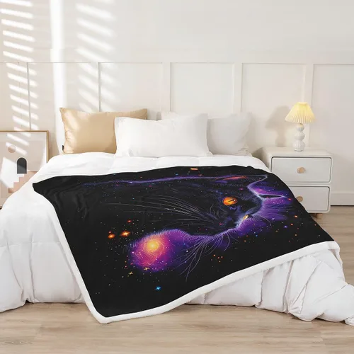 Vista 2 de Manfei Manta Kawaii con estampado de gato estrellado para niños y niñas, decoración de habitación de niños y niñas, manta negra Kawaii animal