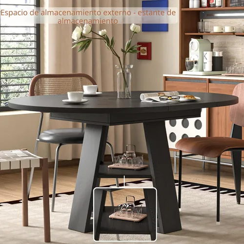 Vista 3 de Mesa de comedor redonda extensible de 43.3 a 59 pulgadas para 4 a 8, moderna mesa de comedor ovalada de cocina con hojas extraíbles, ahorro