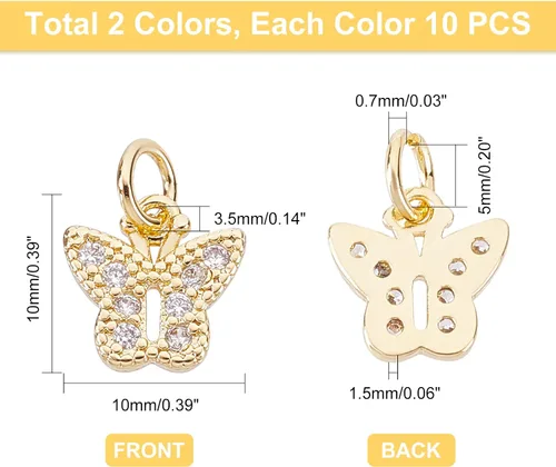 Vista 5 de PandaHall - Colgantes de mariposa chapados en oro de 18 quilates, 20 piezas de circonita cúbica, dijes de animales, dijes de diamantes de imitación
