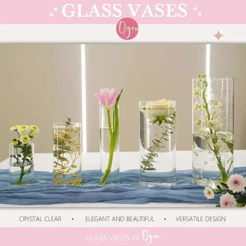 Vista 6 de 5 piezas de jarrones de vidrio Cilindro Jarrones para centros de mesa Pequeños jarrones de flores de vidrio transparentes Jarrones para decoración