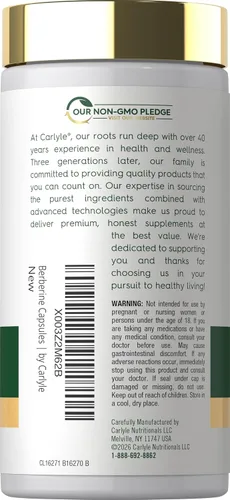 Vista 3 de Carlyle Suplemento de berberina HCL 500,000mcg 60 cápsulas