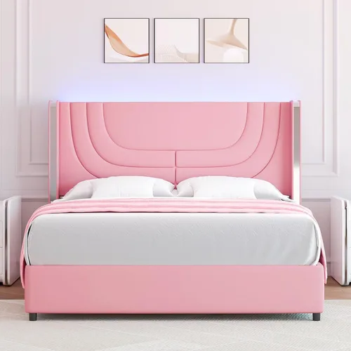 Vista 9 de REVOMINCA Base de cama individual con luces LED, plataforma tapizada de piel sintética con cabecera de ala plateada, estilo moderno, no necesita