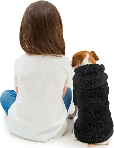 Vista 6 de Suéteres de vellón y sherpa para perros pequeños, mullidos, suaves, de doble cara, afelpados, con capucha, negro, XS