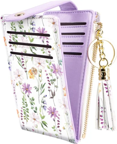 Vista 18 de Cartera delgada con bloqueo RFID para mujer, cartera de cuero con múltiples tarjetas, cartera plegable con borla, bolsillo con cremallera