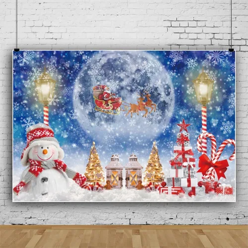 Vista 2 de Telón de fondo de Navidad de 10 x 8 pies para sesión de fotos, muñeco de nieve de invierno, luna llena, noche de Papá Noel, fondo de Papá Noel