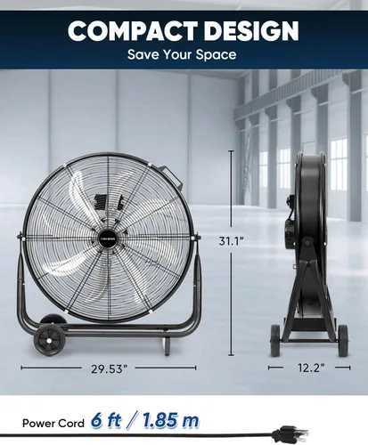 Vista 8 de KEN BROWN TurboSweep - Ventilador industrial de 24 pulgadas, ventilador de tambor de alta velocidad de 8 aspas, 9500 CFM, 3 velocidades resistentes