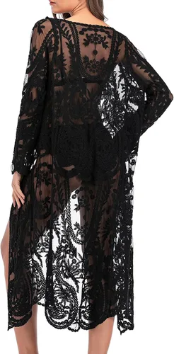 Vista 26 de Cárdigan de Encaje para Mujer de Crochet Floral Transparente Cobertor de Playa Kimono Largo Abierto