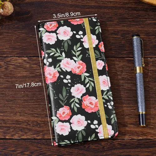 Vista 4 de Funda para chequera personal, cartera RFID con soporte para bolígrafo y divisor de plástico transparente integrado para cheques duplicados, Flor