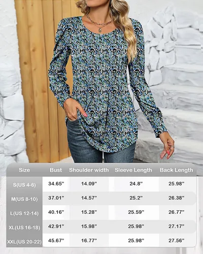 Vista 6 de Blusa plisada de manga larga abombada para mujer, cuello redondo, elegante, casual, holgada, para verano y otoño