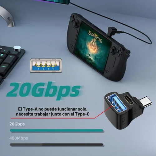 Vista 8 de chenyang Divisor USB C, USB C a USB 2.0/USB C 20Gbps PD100W 4K60Hz Adaptador de extensiones para HDTV/Disco/Teclado/Ratón Soporte Steam Deck