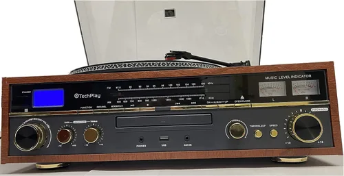 Vista 4 de TechPlay Commander, tocadiscos de 3 velocidades con control de tono, reproductor de CD, amplificador con medidor VU, Bluetooth y grabación USB