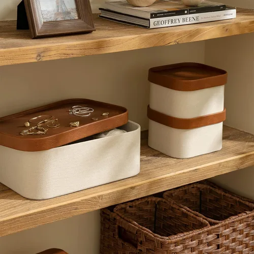 Vista 3 de Cajas de almacenamiento decorativas beige con tapas, cestas de almacenamiento con tapas similares al cuero, cajas de papel apilables resistentes