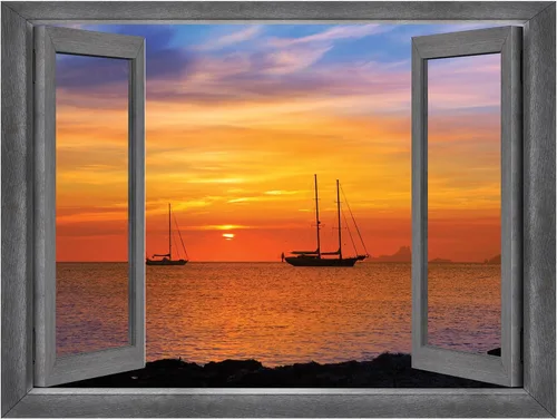 Vista 2 de wall26 Adhesivo de pared con vista lateral de la bahía al atardecer, mural de pared con ventana abierta, no despegar ni pegar, papel tapiz no tejido