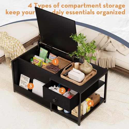 Vista 4 de SINPAID Mesa de centro con almacenamiento, mesas de centro rectangulares para sala de estar, mesa de centro moderna con compartimento de Negro