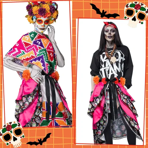 Vista 5 de Día de los Muertos Halloween con lazo en falda bulliciosa accesorios de disfraz Día de los Muertos lindo vestido de calavera para mujeres Senorita