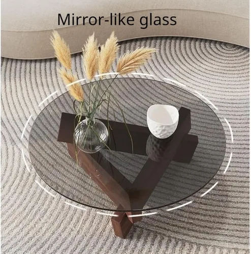 Vista 5 de Mesa auxiliar redonda de vidrio con patas de madera maciza para sala de estar (patas de nogal+vidrio gris)