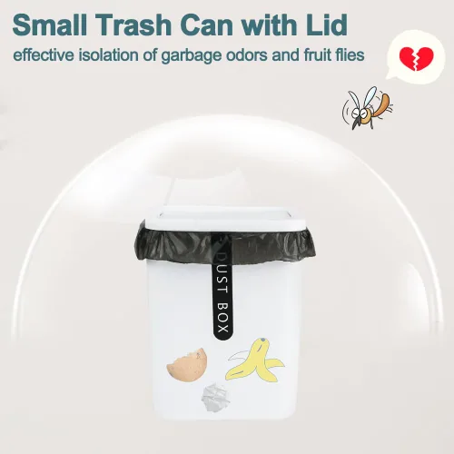Vista 4 de 2 mini basureros con tapa, mini papelera de plástico con 5 rollos de bolsas de basura, pequeño cubo de basura de escritorio para cocina, baño
