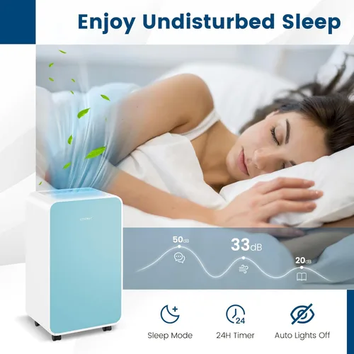Vista 8 de COSTWAY Deshumidificador de 2500 pies cuadrados para sótano, 32 pintas, deshumidificador silencioso portátil para dormitorio, baño, con modo de Azul