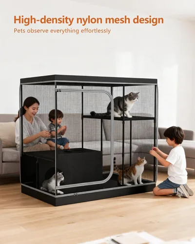 Vista 3 de DINMO Jaula grande para gatos, recinto para gatos interiores con caja de arena, corralito para gatos adultos, gatitos y animales pequeños, perrera