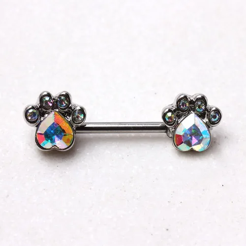 Vista 2 de Pierced Owl 14GA 316L Acero inoxidable Aurora Borealis CZ Crystal Dog Paw Nipple Barbells, se venden por par, Metal, Circonia cúbica