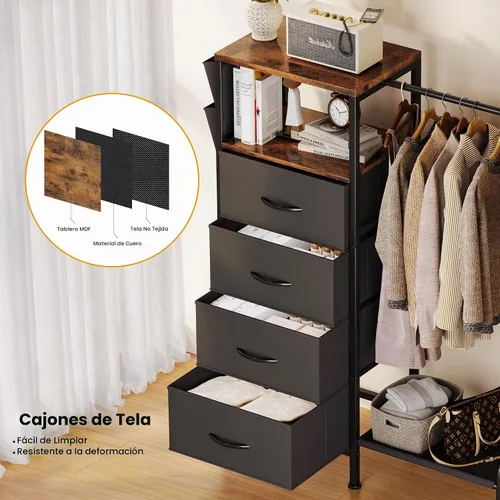 Vista 6 de Homeiju Cómoda con estante para colgar, cómoda reversible para dormitorio con 4 cajones y perchero y bolsillos laterales, cómoda con perchero, Negro