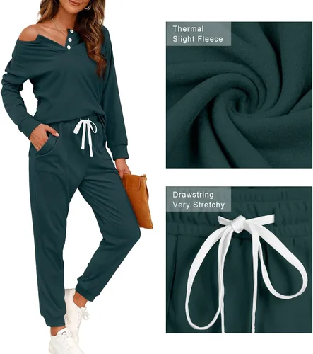 Vista 99 de Wiholl - Conjuntos de dos piezas para mujer: ropa cómoda con sudadera abotonada y pantalones deportivos con bolsillos