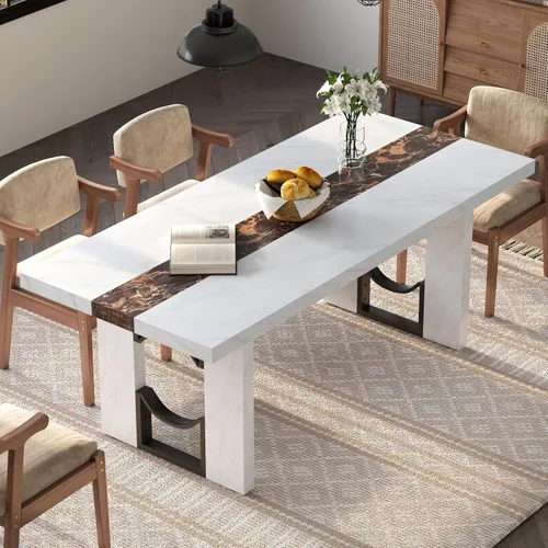 Vista 8 de Mesa de comedor de 71 pulgadas para 6-8 personas, mesa de cocina rectangular grande con mesa de color mármol, mesa de comedor lujosa de 6 pies