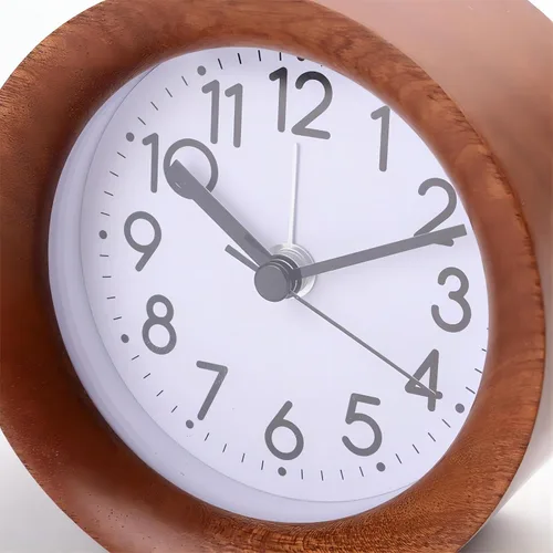 Vista 2 de Reloj despertador de madera redondo analógico sin tictac luz nocturna Snooze Marrón