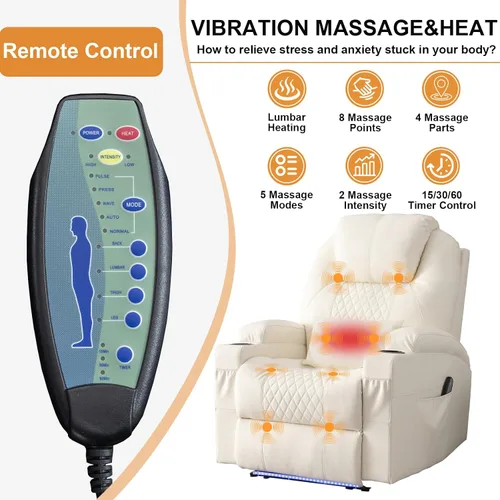 Vista 5 de AHMED Silla reclinable eléctrica con masaje por vibración y calor para adultos, asiento de cine en casa de piel sintética con portavasos, luces LED
