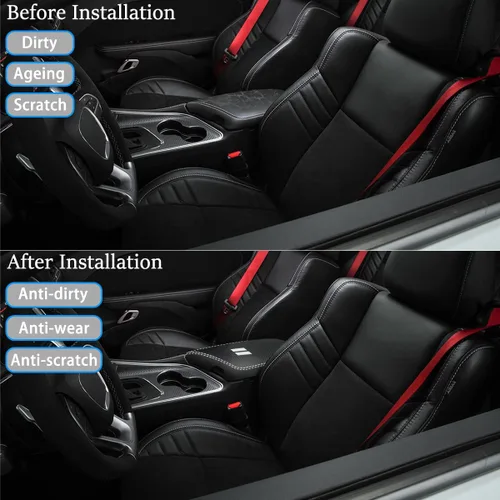 Vista 2 de Funda impermeable para reposabrazos de automóvil Dodge Challenger 2015-2023, resistente a los arañazos, protección de cuero, accesorios de negro