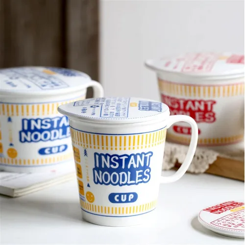 Vista 5 de Cuenco de fideos instantáneos de cerámica con tapa, taza creativa para sopa de ramen, cuenco para almuerzo para estudiantes (color azul, tamaño: S)