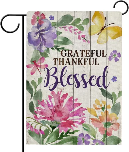 Vista 8 de Hzppyz Grateful Thankful Blessed - Bandera de jardín de Acción de Gracias, pequeña bandera decorativa para exteriores, arpillera rústica, bandera