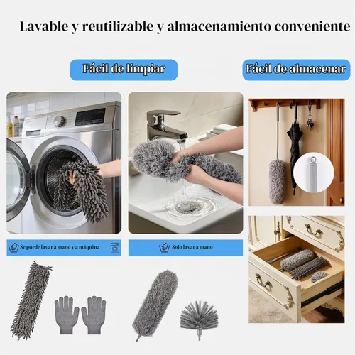 Vista 5 de Kit de plumero de microfibra 5 en 1 con poste de extensión, juego de plumero de limpieza lavable con 3 cabezales de plumero, plumero de telaraña