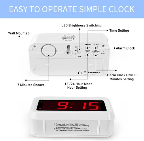 Vista 6 de Reloj despertador, reloj digital, modo nocturno automático, brillo LED de 3 niveles, funciona con pilas, 12/24 horas, pantalla de dígitos rojos