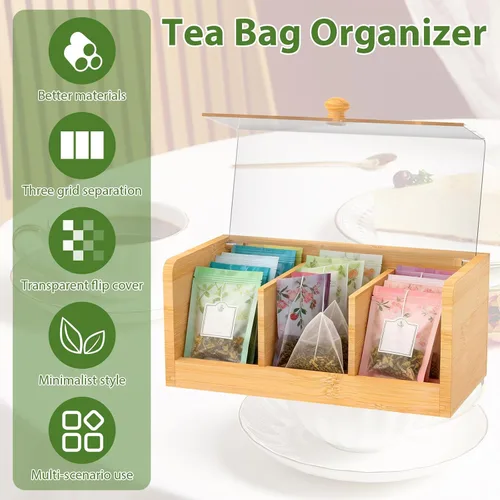 Vista 4 de Caja de té de bambú y acrílico con 3 compartimentos de 8.66 x 4.33 x 3.94 pulgadas, soporte decorativo para bolsitas de té con tapa transparente