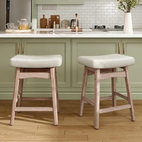 Vista 10 de MAISON ARTS Juego de 4 taburetes de bar grises para encimera de cocina, patas de madera maciza con asiento de silla de montar de piel sintética