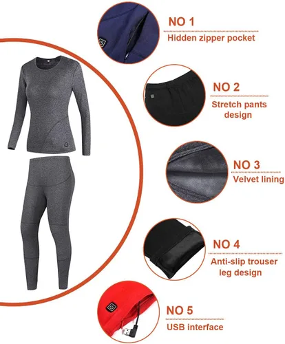 Vista 4 de Conjunto de ropa interior térmica térmica térmica para mujer, conjunto de ropa interior larga eléctrica para mujer, leggings de nieve para mujer