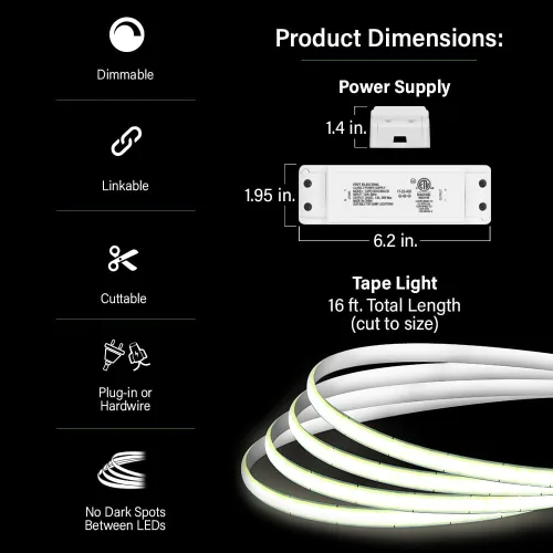 Vista 2 de Feit Electric Cinta de Luz LED de 16 pies, Regulable, Enchufable/Cableado Directo, Tiras de Luz LED Ultradelgadas para el Hogar, 2950 Lúmenes, 3000K