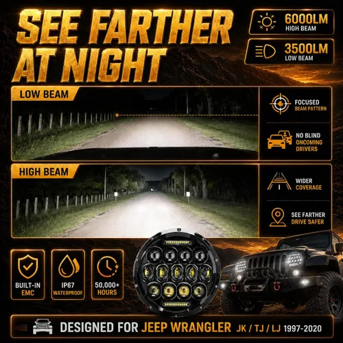 Vista 4 de JHLion - Faros delanteros LED de Jeep Wrangler, 7 pulgadas para Jeep Wrangler JK/TJ/LJ 1997-2020, 150W, faros redondos LED aprobados por DOT, 500%