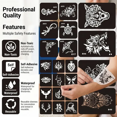 Vista 3 de Kotbs 6 hojas de plantillas temporales de tatuaje, 34 piezas de plantillas de tatuajes de henna con patrón de tótem de tigre y lobo, plantillas