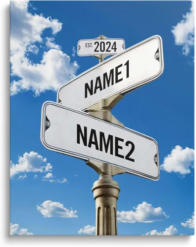 Vista 11 de Lienzo de letrero de calle vintage personalizado para parejas, nombre y fecha personalizados con tema de nube en blanco y negro, regalo de boda