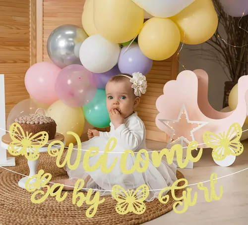 Vista 4 de Cartel de bienvenida preencordado para bebé niña, decoración de fiesta de bienvenida con purpurina dorada, perfecta para fiesta de revelación