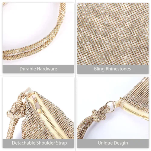 Vista 8 de Bolso de noche brillante con diamantes de imitación, monederos plateados para mujer, bolsos cruzados para fiesta, graduación, club, boda