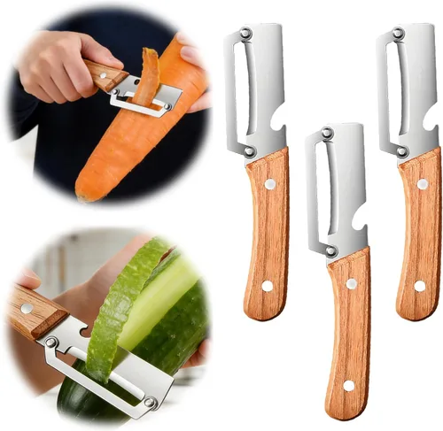 Vista 10 de Nuevo pelador de verduras multifuncional para cocina, con mango de madera y abridor de botellas, hoja de acero inoxidable ultra afilada para frutas