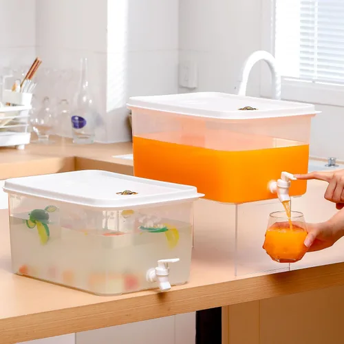Vista 6 de Domensi Paquete de 2 dispensadores de bebidas de 3.5 galones para nevera con grifo dispensador de agua, tapas a prueba de fugas, filtro de bebidas