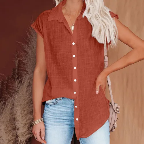 Vista 31 de Ceboyel Camisas para mujer de moda de verano, algodón, lino, manga corta, cuello con botones, blusa casual para mujer 2023