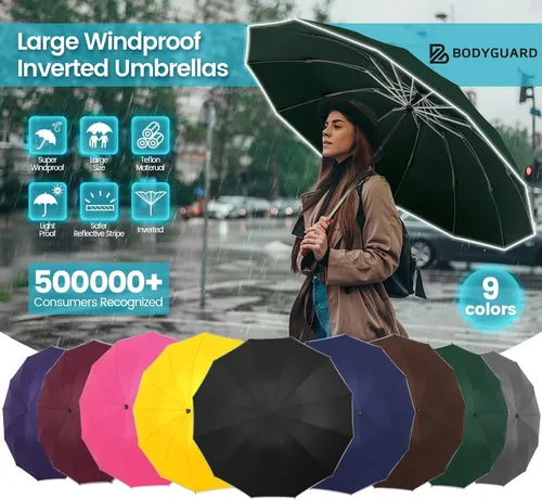 Vista 6 de Bodyguard Inverted Umbrella, Large Windproof Umbrellas for Rain & Sun, Compact Umbrella Reverse Umbrella with Reflective Stripe, Teflon Umbrella for