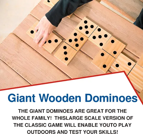 Vista 5 de GOTHINK Juego de dominó de madera gigante para adultos y niños, 28 piezas de azulejos de dominó de madera natural jumbo con puntos negros