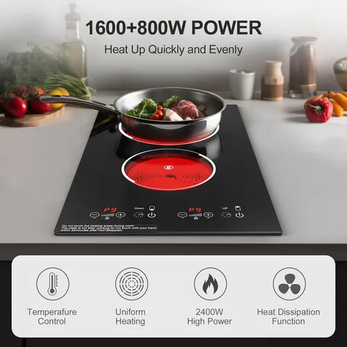 Vista 9 de Placa de cocina eléctrica, integrada y de encimera de 2 quemadores eléctricos para cocinar, 2400W 110V, 11 configuraciones de potencia, temporizador
