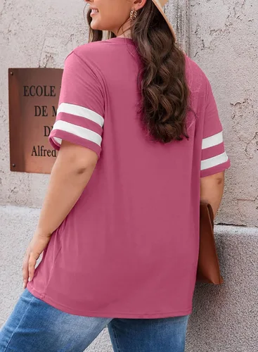 Vista 75 de Eytino Blusas de talla grande para mujer, cuello en V, manga corta, a rayas, casual, holgada, con bolsillo (1X-5X)